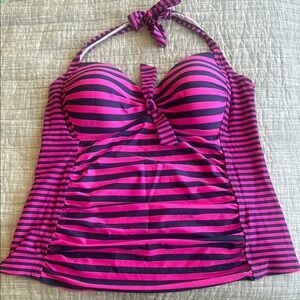 Pink and Navy Striped Halter Bathing Suit Top